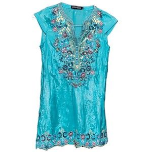 Blue Silk Embellished Top Size S Boho Hippie